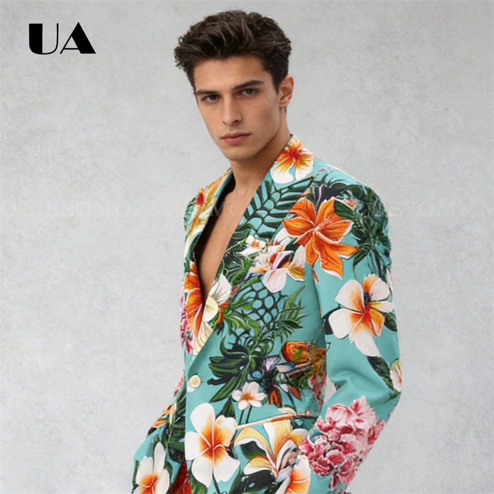 

Костюм для пляжной вечеринки, куртка, брюки, стандартный крой на одной пуговице, вечерний костюм для выпускного вечера, праздничный костюм с цветочным принтом, брюки-блейзер