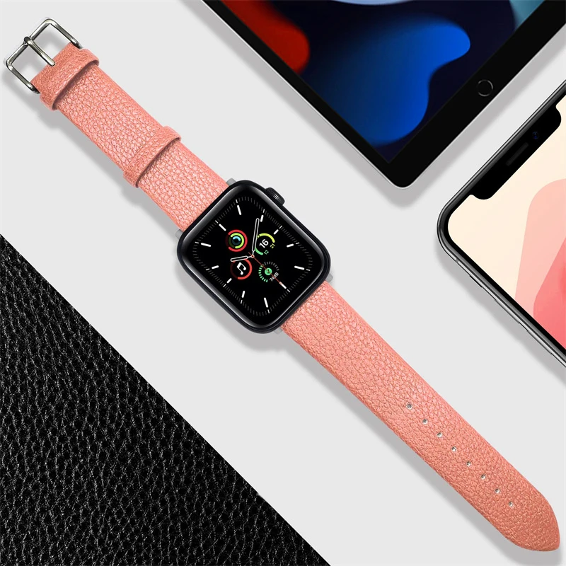 

Leather loop Lychee strap For Apple Watch ultra-8-7 Band 49mm 44mm 40mm 41mm 42mm 38mm 45mm bracelet iWatch Series 7 6 5 4 3 SE