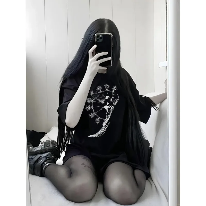 Unisex T‑Shirt Fallen Angel Sun Ornament Print Short Sleeve Tees Gothic Aesthetic Streetwear Loose Casual Cotton Tops