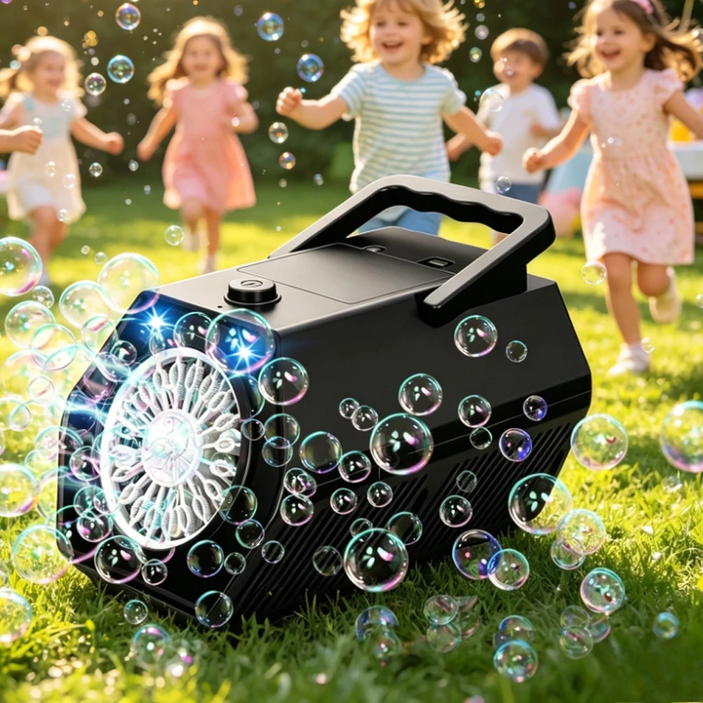 Tragbare Automatische Seifenblasenmaschine, 240ml Tank, 10.000 Blasen/Min Leistung, Zwei Einstellbare Geschwindigkeiten, Leichtes Tragbares Design für Geburtstagsfeiern, Pool-Aktivitäten,