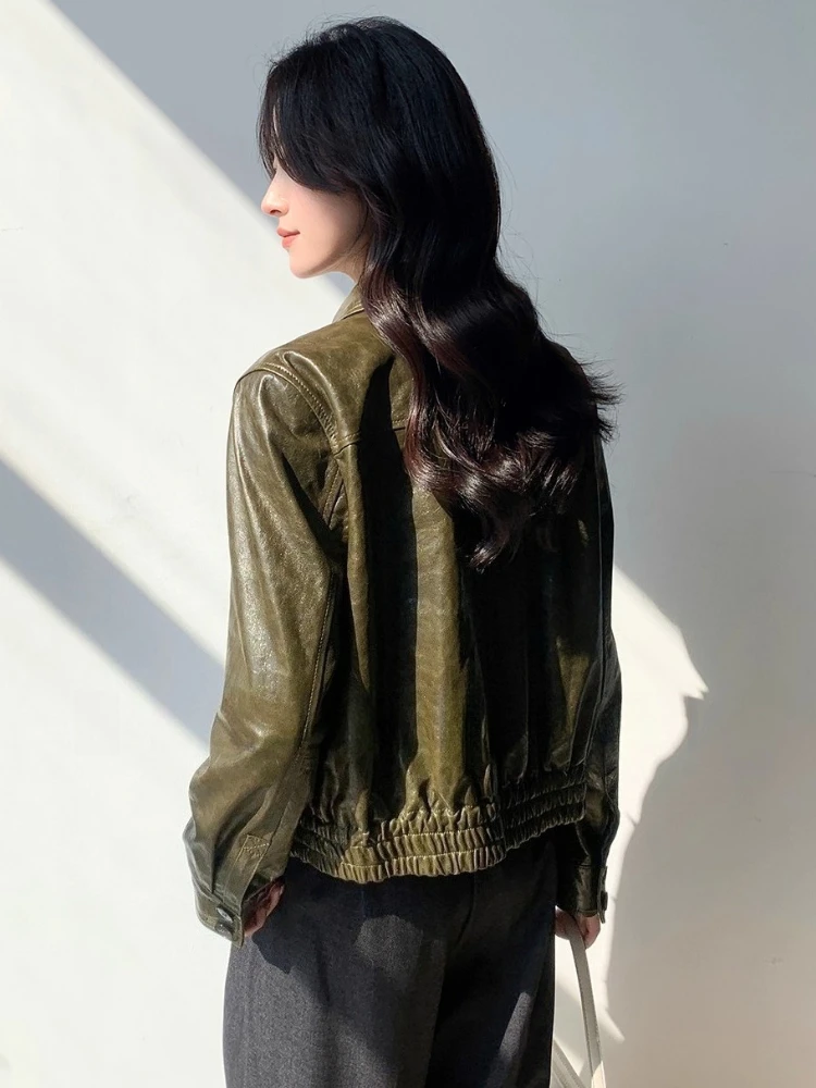 Vintage Genuine Leather Cropped Jackets for Women Spring Autumn High-end Simple Single Breasted Soft Oil Wax Real Sheepskin Coat