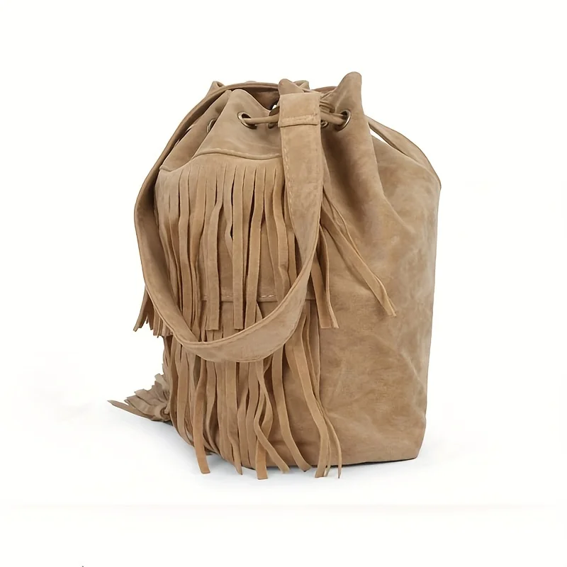 Fashion Soft Velvet Frosted Tassel Bag for Women with Drawstring Bucket One Shoulder Straddle Bag