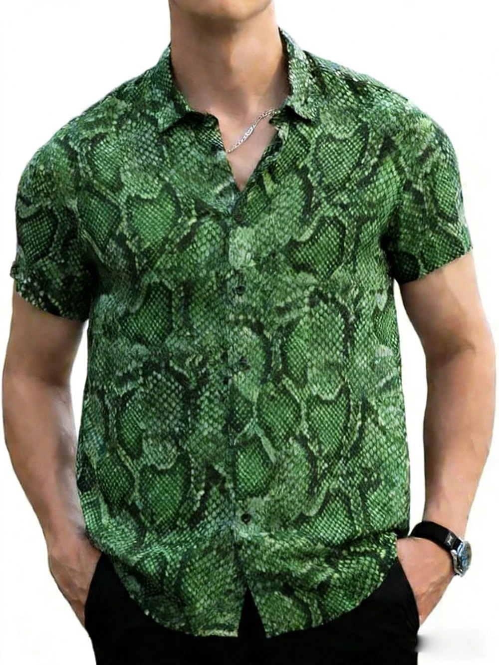 2026 Men's Simple Colorful Short-Sleeve Collar Shirt High-Definition Python Fur Print Shirt Hawaiian Vacation Social Top for Men