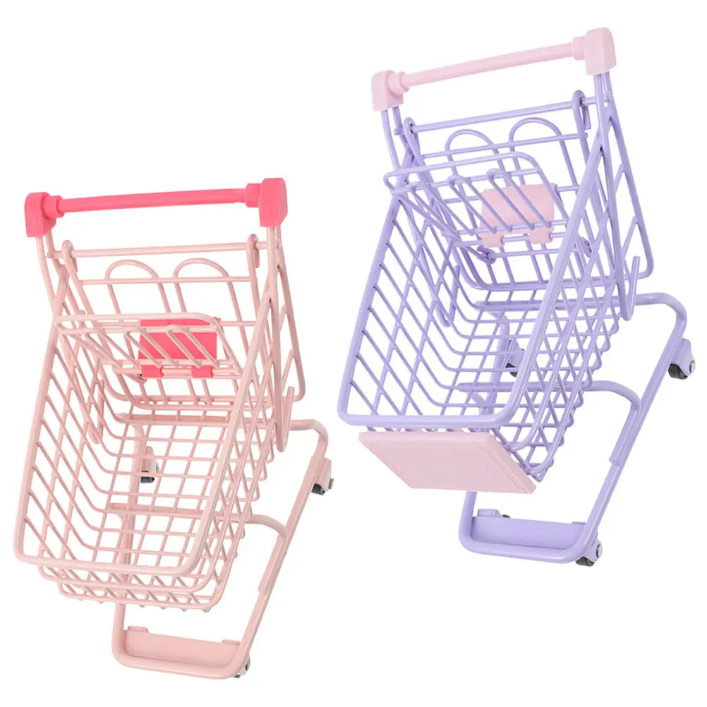 2 stks Mini Winkelen Voor Kinderen Fantasiespel Kruidenier Winkelwagen Desktop Organizer Kleine Supermarkt Trolley Decor Metalen Simulatie