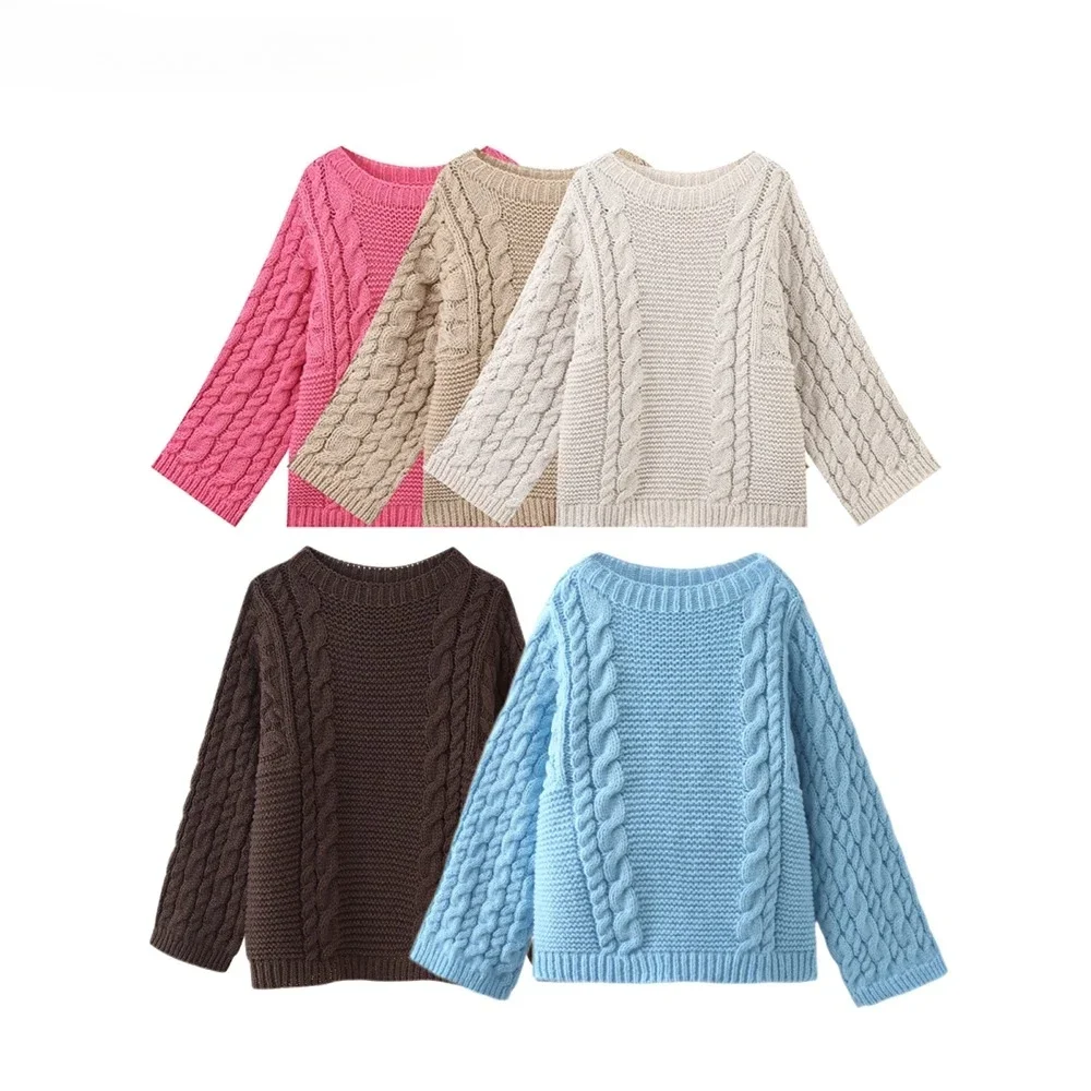 

2025 European and American style women's new French niche loose and slim Fried Dough Twists pullover long sleeve knitting top