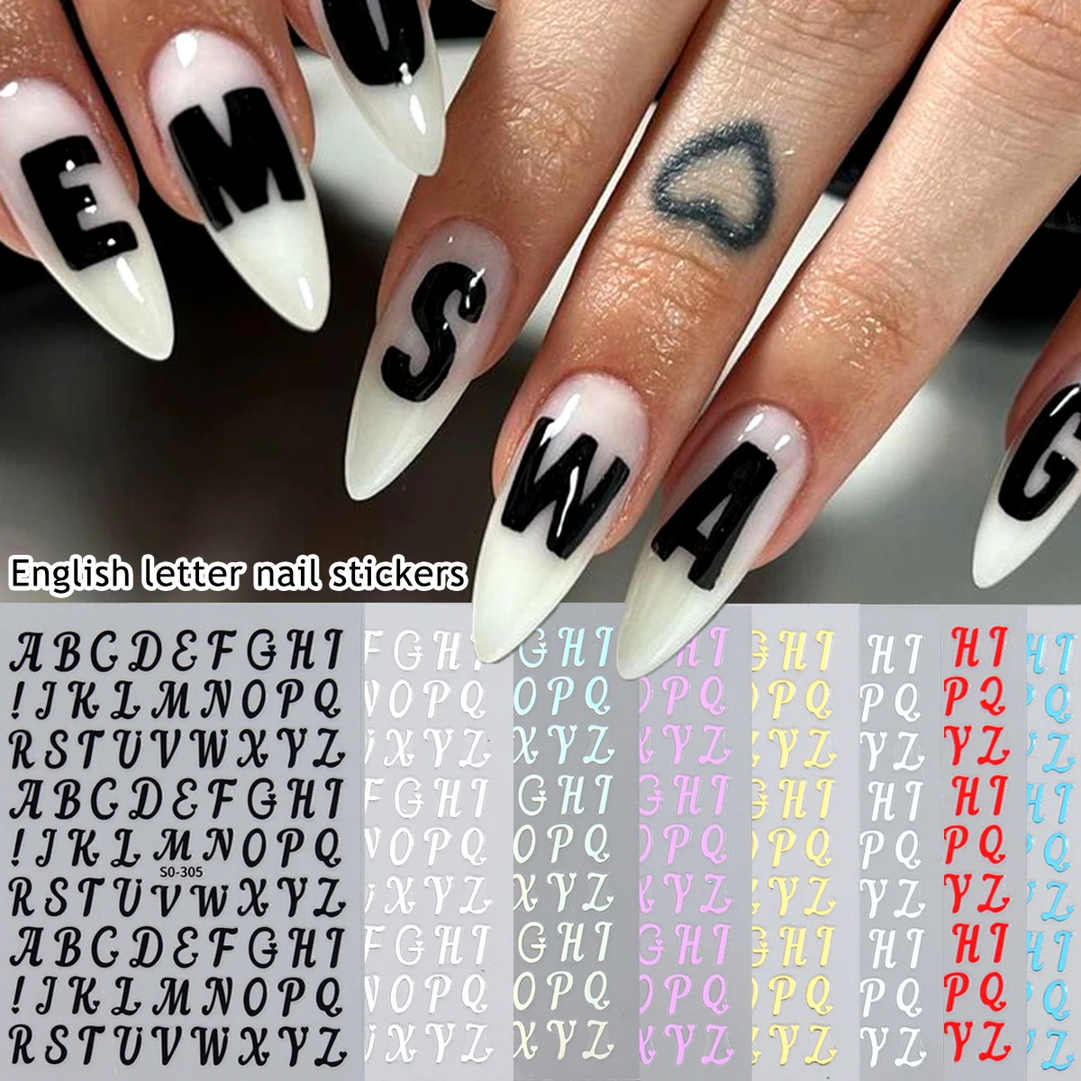 English Letter Nail Sticker 3D Alphabet Nail Decals Black Gold Silver White Pink Red Blue Script Letters For Y2K Gothic Nail Art