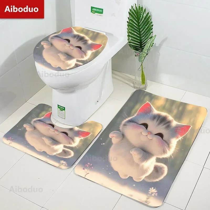 Lindo dibujo animado pequeño gato baño habitación 3 unids/set esteras hogar franela decoraciones y accesorios alfombras de suelo cubierta de inodoro 40*60/50*80 CM