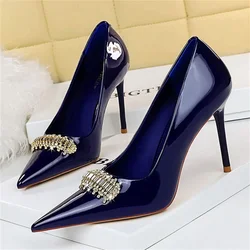 Bigtree Patent Leather Pointed Toe Sexy Party Woman Pumps Sparkling Rhinestone Monoshoe Thin Heels Shoes