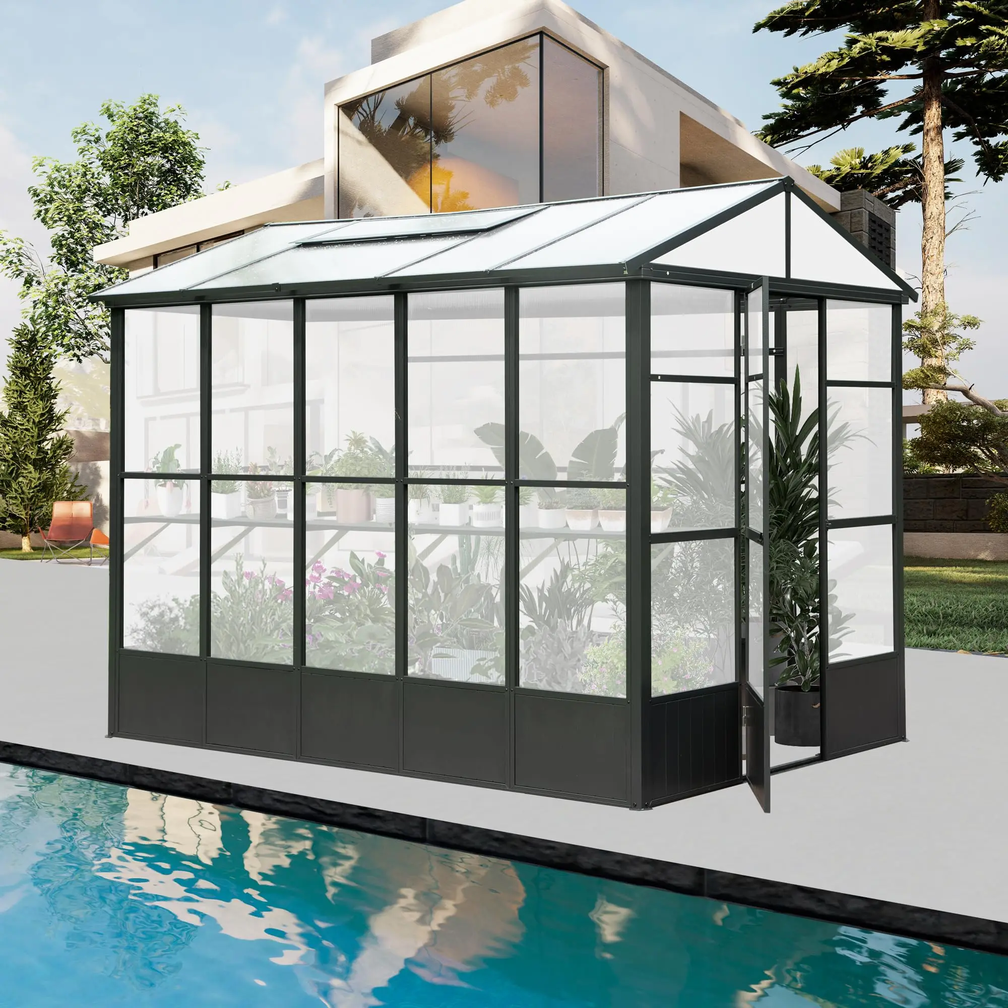 

8x10FT Fully Auto Temperature Control Aluminum Frame Greenhouse Extra 7.8FT Walk-in Height Polycarbonate Canopy Gazebo Pergola