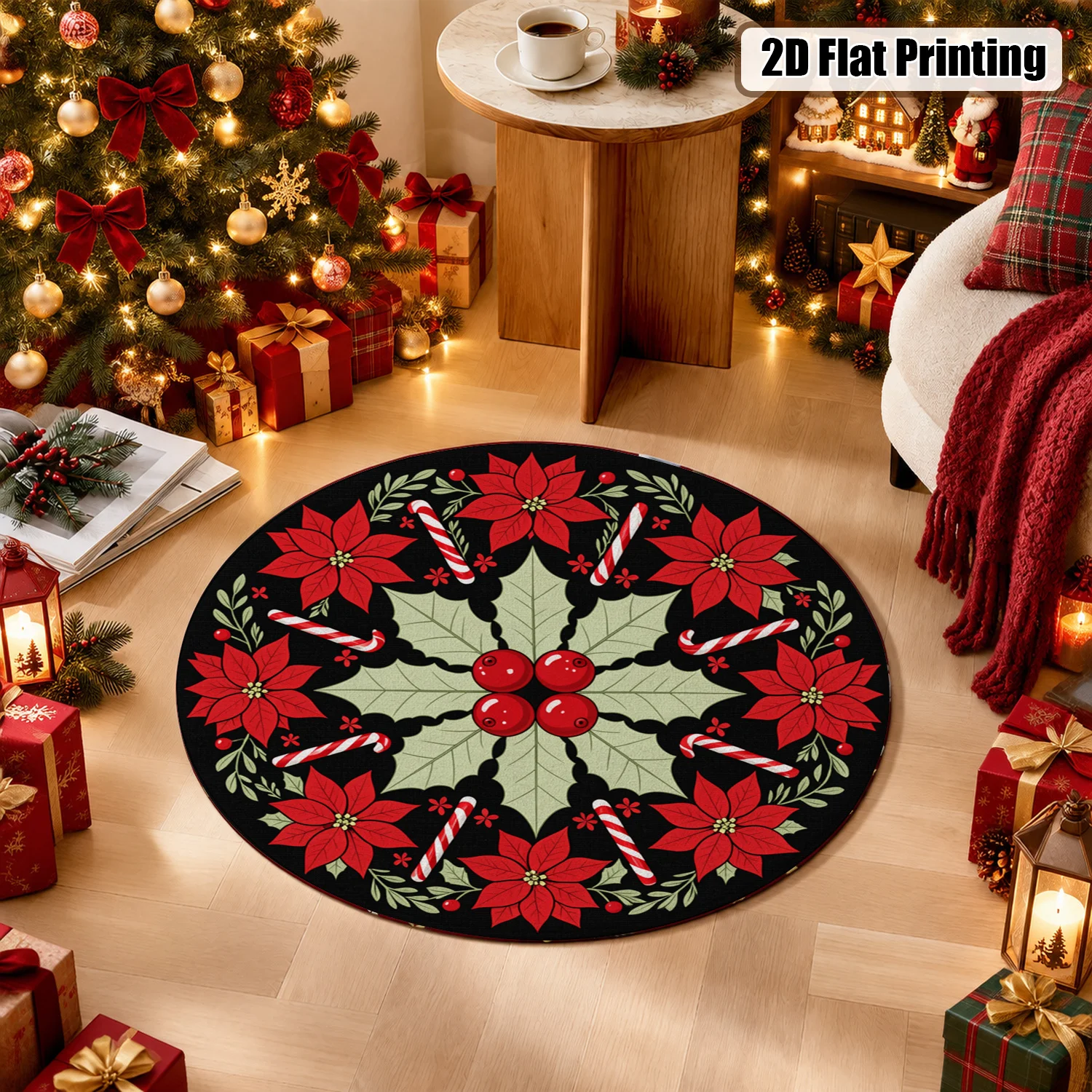 Christmas Poinsettia Holly Candy Cane Round Velvet Mat Machine Washable for Dining Table Home Kitchen Party Halloween Thanksgiving Black Friday Cyber Monday Christmas New Year