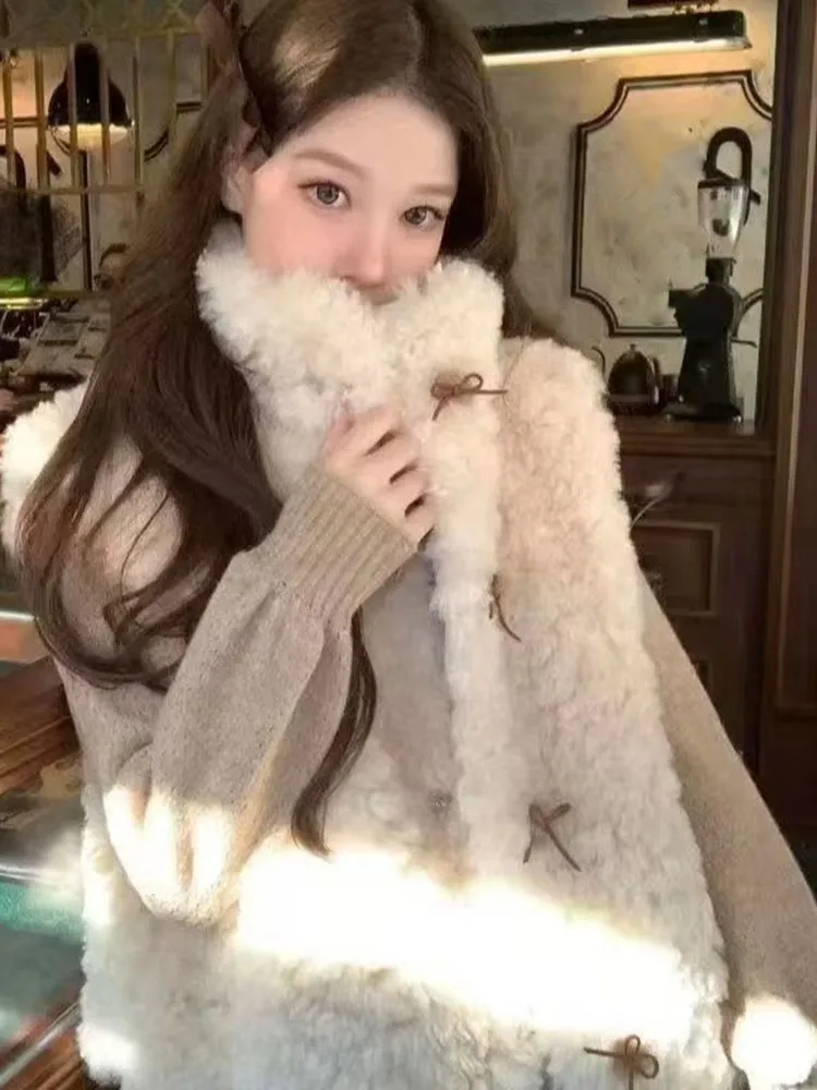 Women Vest Autumn Winter Fashion Sweet Elegant Furry Bow Stand Collar Sleeveless Jackets Female Casual Waistcoat