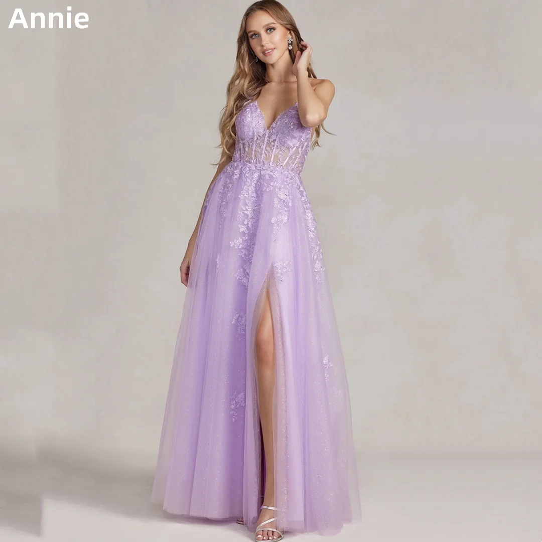 

Annie Purple Evening Dress V-neck Tulle Embroidered Appliqués Prom Dressess Side Slit Tie Open Back Vestidos De Noche