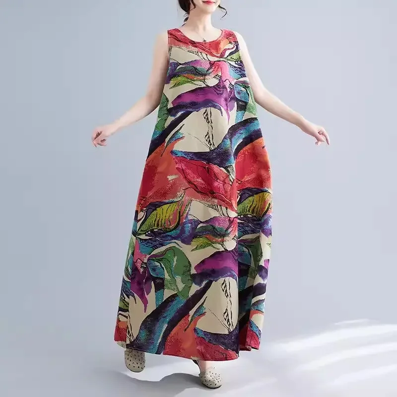 Summer New Retro Floral Linen A-Line Long Dress Women's Large Size Sleeveless Round Neck Mid Length Cotton Linen Dress