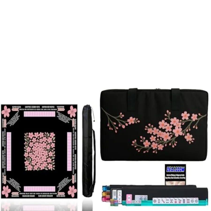 American Mahjong Set for home and tournament use, cherry wood tiles with cherry blossom design, pink and white color scheme, in