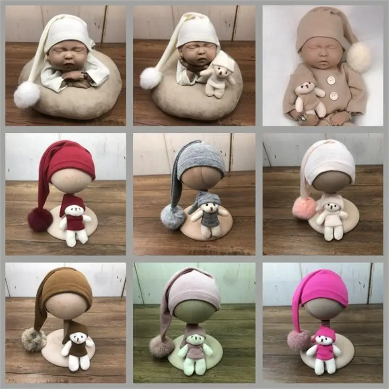 

E06F 3 Pcs Newborn Photography Props Outfit Baby Long Sleeves Romper Hat for Doll Set Infants Photo Long Tail