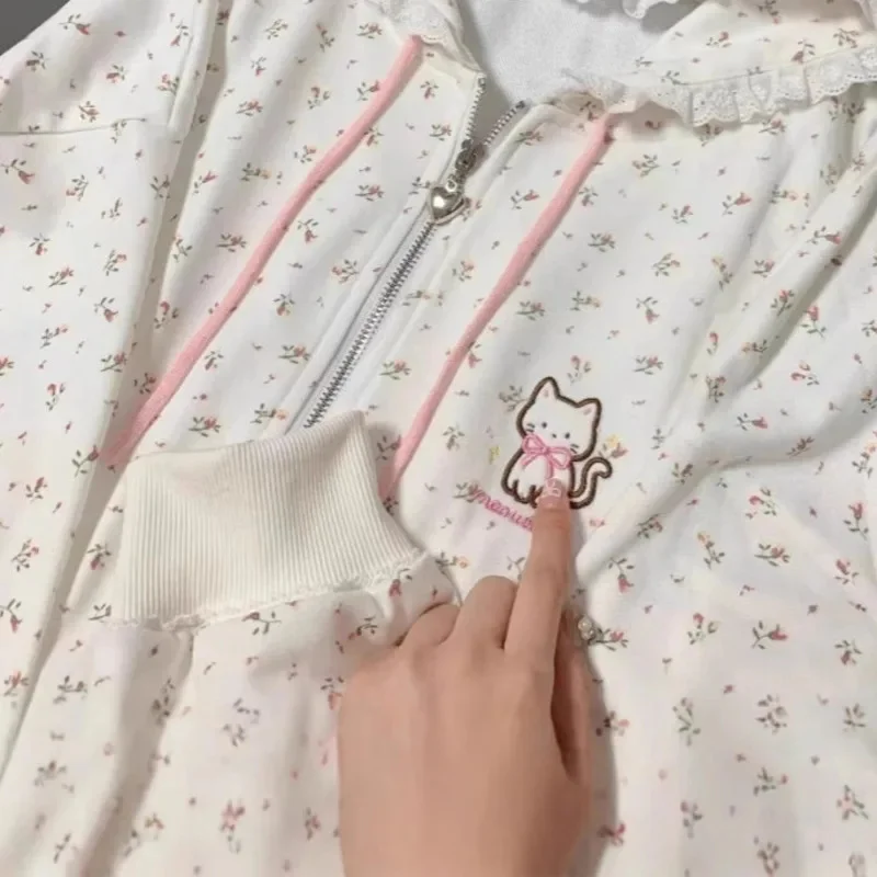 Cat Y2K Floral Hoodie Jacket Harajuku Korean Kawaii Hooded Coat Zipper Jacket Women Cardigan Loose Long Sleeve Thin Top Tee New