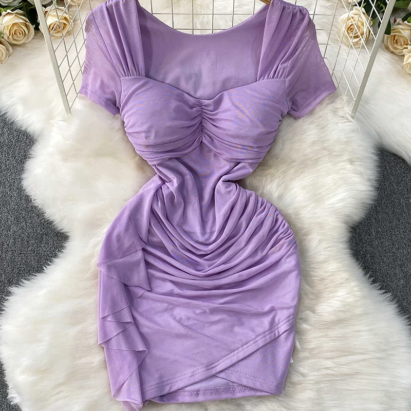 Französisch Stil Unregelmäßigkeit Kleid Für Frauen Sommer Sexy Quadrat Kragen Kurzarm Dünne Wrap Hüften Tüll Splice Mini Kleider