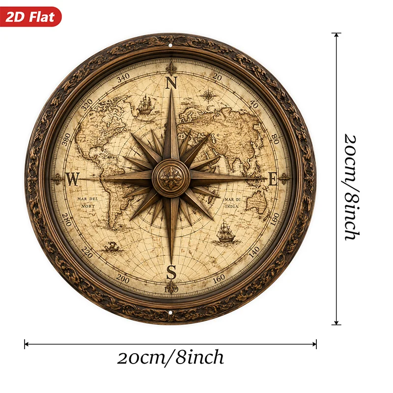 2D Flat, 1pc Round Metal Sign Wall Art, Vintage Compass Map Home Decor, Nautical Theme, Artistic Embellishments, Suitable for Li