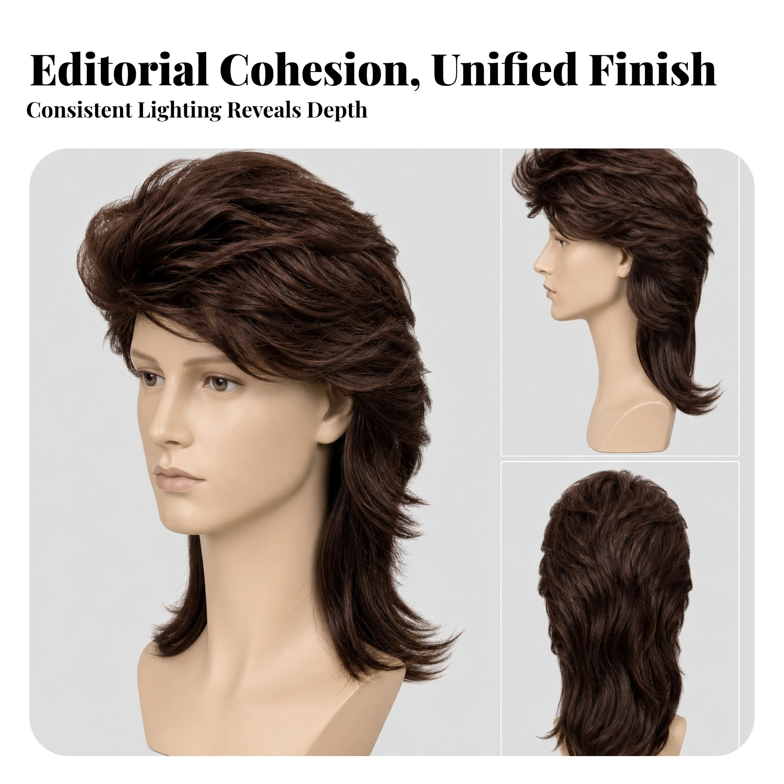 Layered Mullet Hairpiece with Bangs Breathable Layered Mullet Hairpiece Synthetic Comfortable for Men, Cosplay, Costume Parties