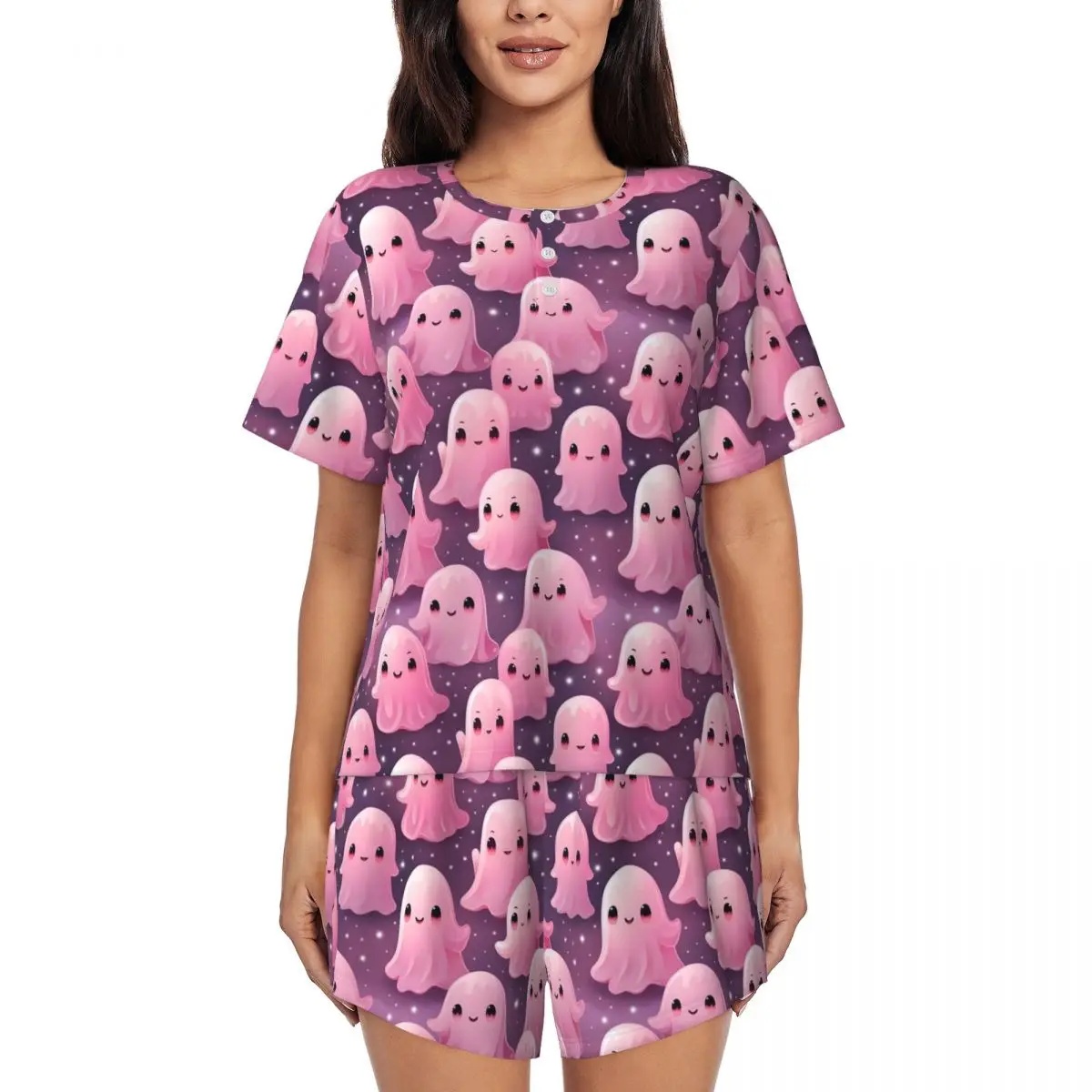 

Kawaii Pink Ghost Pajamas Women Cute Halloween Cute Nightwear Summer Short Sleeve 2 Pieces Casual O Neck Pattern Pajama Sets