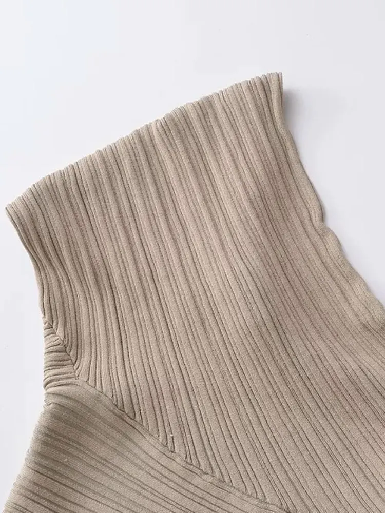 เสื้อครอปถักลายริบแบบไม่สมมาตรสำหรับผู้หญิง แฟชั่นเก๋ไก๋ แขนเสื้อมีปมด้านหน้า เสื้อผู้หญิง