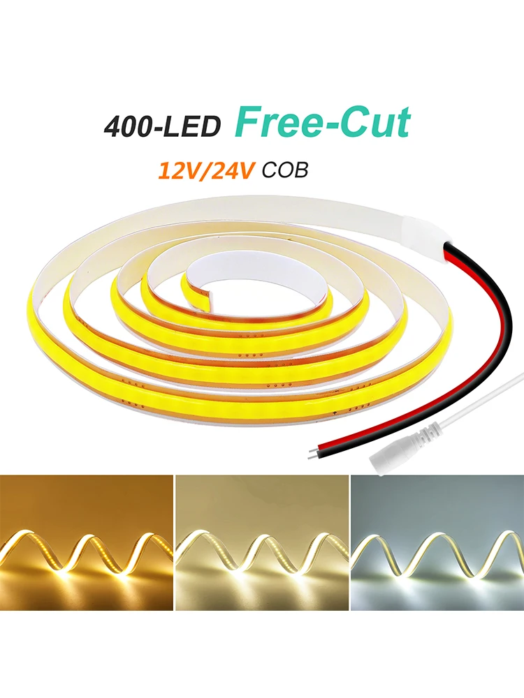 Taśma LED COB PCB 5mm 8mm, możliwość cięcia, 12V 24V, z 2-pinowym przewodem i wtyczką DC, 400 LED/m, 3000K 4000K 6000K, elastyczna lampa, 0.5m 1m 5m 10m 20m — 2