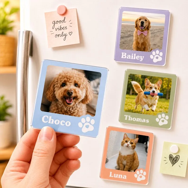 Customized Dog Cat Photo Fridge Magnet Personalized Pet Name Acrylic Refrigerator Sticker Memorial Present For Pet Lover Owner