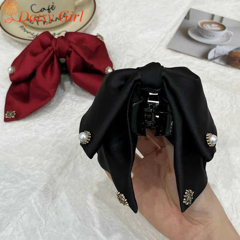 Retro Satin Bow Grab Clip Temperament Small Pearl Shark Clip Women's Hair Volume Stylish Ponytail Hair Clips Hair Accessory