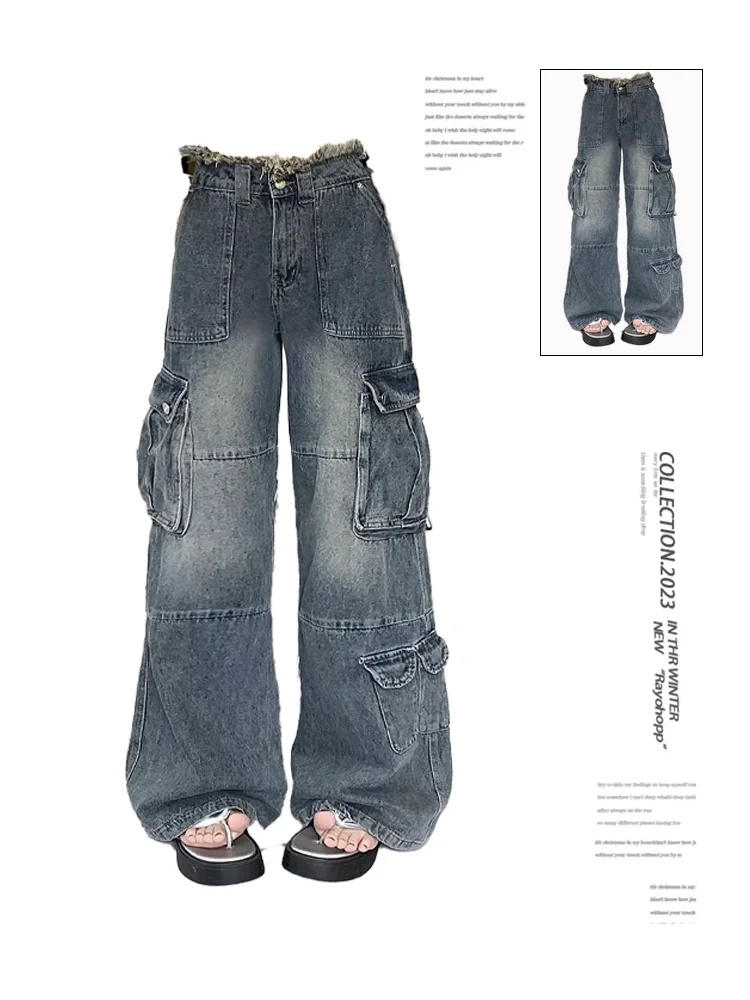 Women\'s Y2k Baggy Cargo Jeans Aesthetic Oversize Denim Trousers Harajuku Vintage Jean Pants Japanese 2000s Style Trashy Clothes