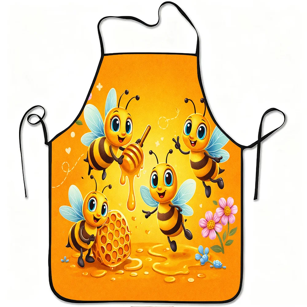 Cute Bee & Honeycomb Apron, Cartoon Beekeeper Kitchen Bib, Yellow Animal Cooking Gift for Women Kids Baking Home Decor
