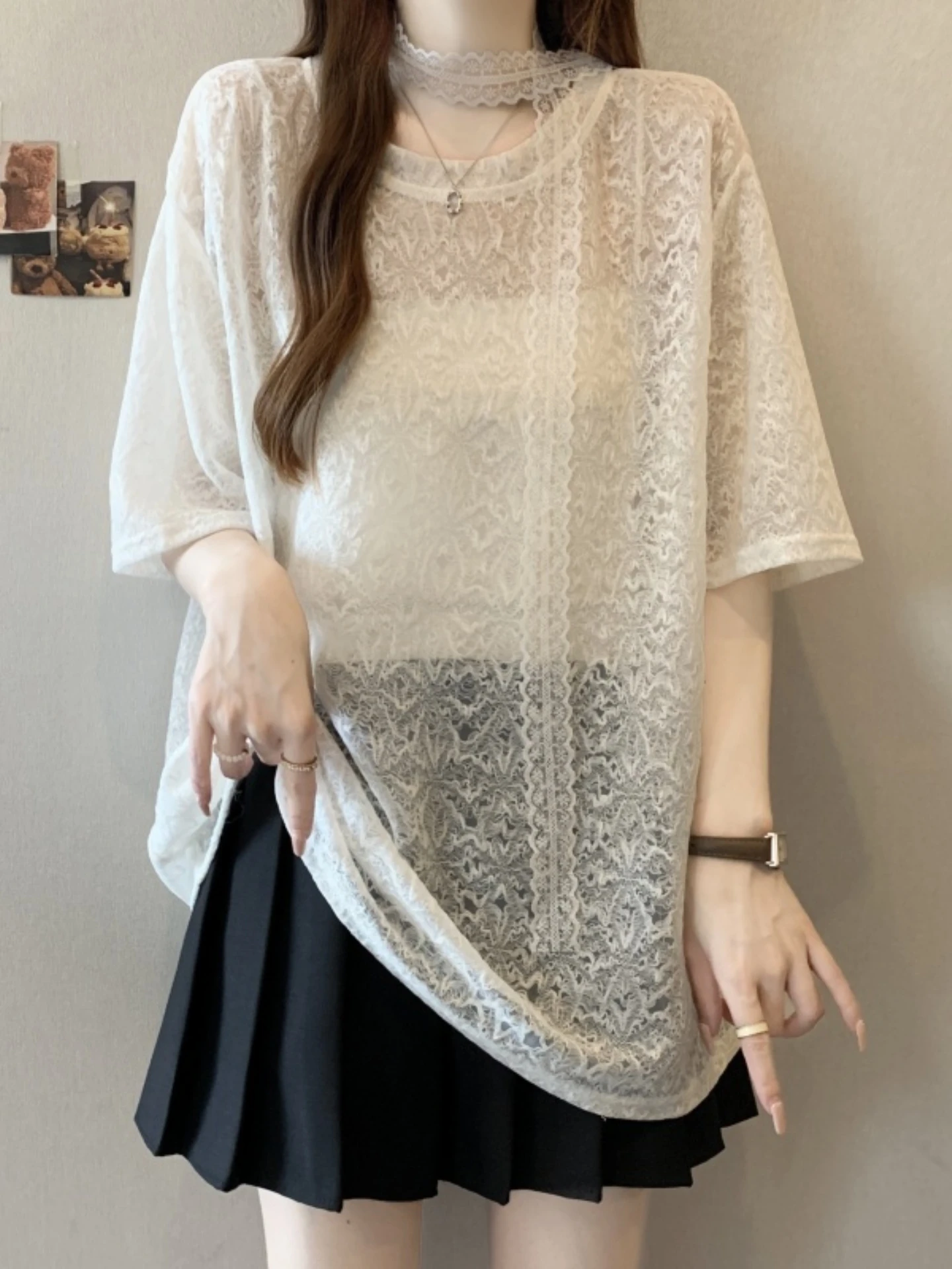 Lace Hollow Short Sleeve T-Shirt Women Summer Clothes Large Size Fat MM High-End Feeling Hanging Neck Drifting Belt Top Sligh...