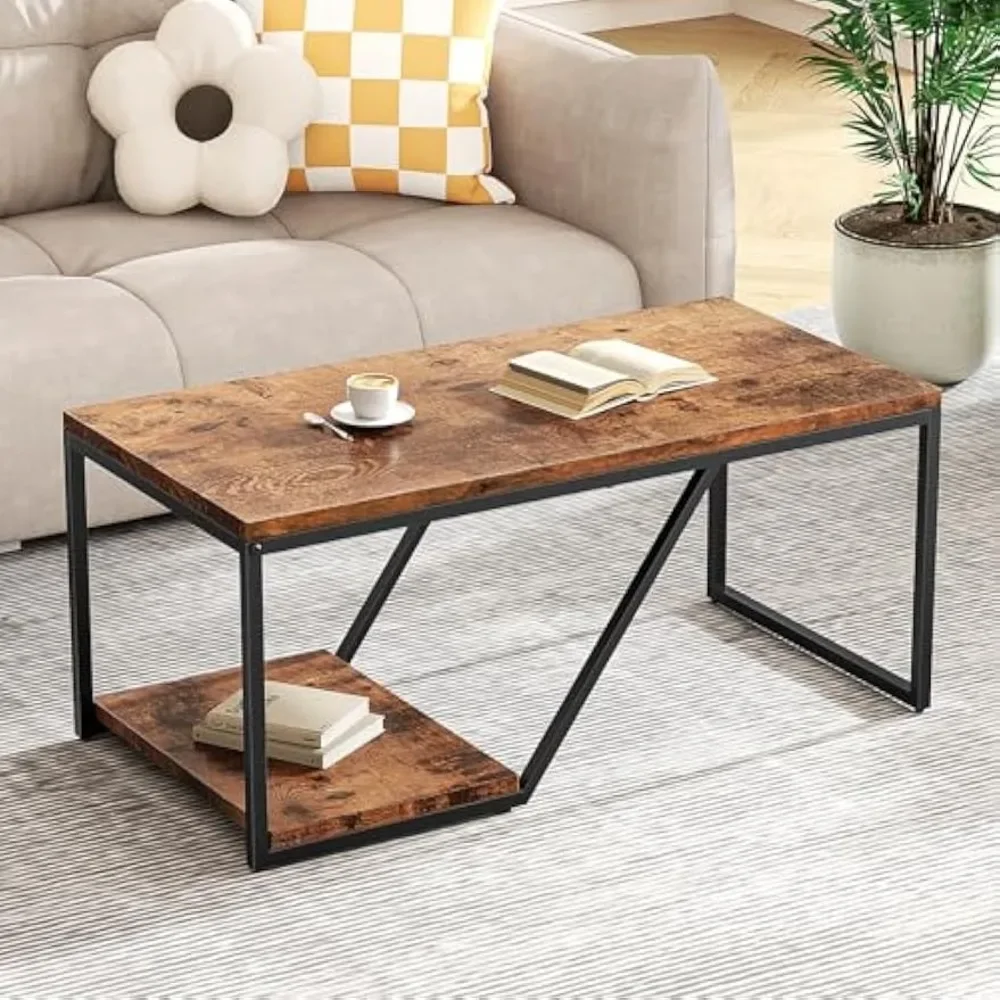 

2-Tier Industrial Rectangle Rustic Coffee Table for Living Room Small Spaces, Living Room Center Table with Storage Shelf