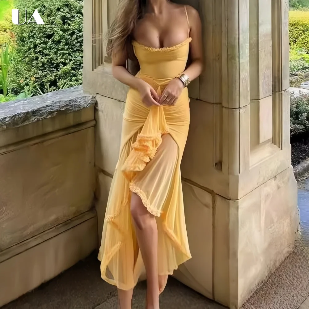 

Trendy Asymmetrical Ruffled Midi Dress with Spaghetti Strap, Elegant Shrring Prom Dress for Woman, Fashionable Solid Party Dress