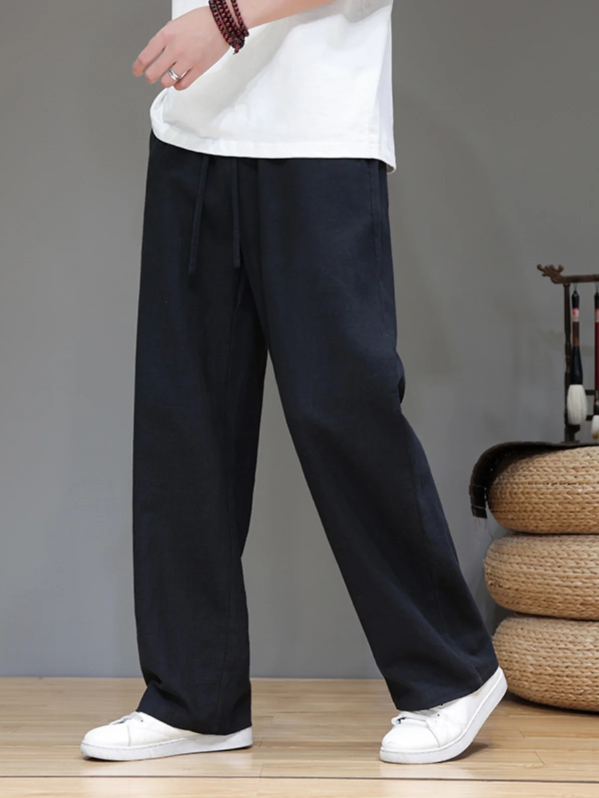 

Men's Summer Thin Cotton Linen Loose Wide Leg Pants Straight Cut Casual Long Trousers Breathable Comfortable Faionable