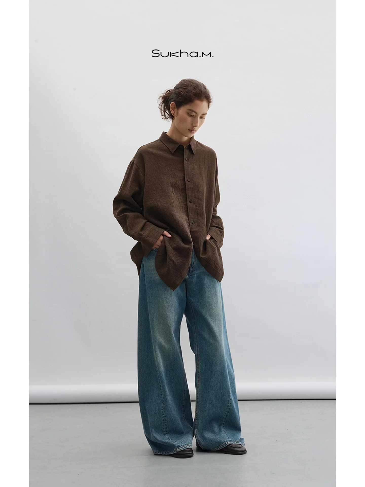 

Женская свободная рубашка-жакет из шерстяного льняного смесового полотна с длинным рукавом, винтажная, дышащая, с воротником на пуговицах, для повседневной носки