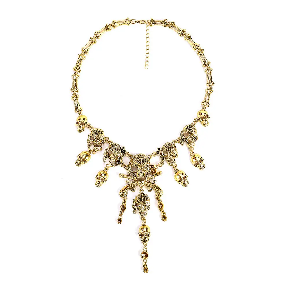 Vintage Golden Skull Necklace Gothic Statement Choker Collar Pendant Rust Resistant Lightweight Skull Jewelry for Women Daily