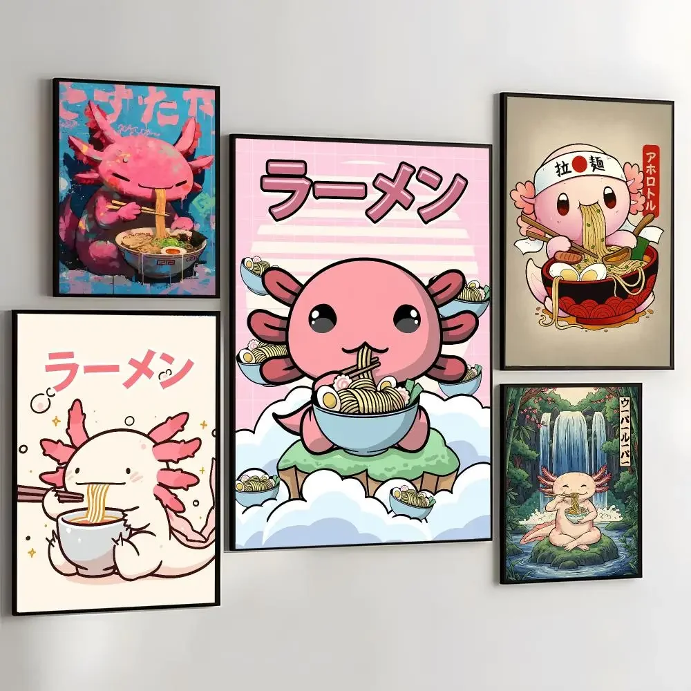 Ramen Axolotls Art Design Painting Calligraphy Self Adhesive Wall Art Waterproof Print For Bedroom Hallway Home Decor