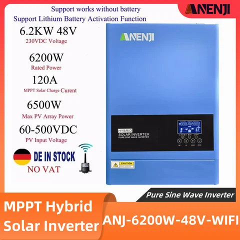 6.2KW 하이브리드 태양광 인버터 48V MPPT 120A 온 오프 그리드 순수 사인파 230V 500VDC 태양광 발전 충전 컨트롤러 홈 인버터