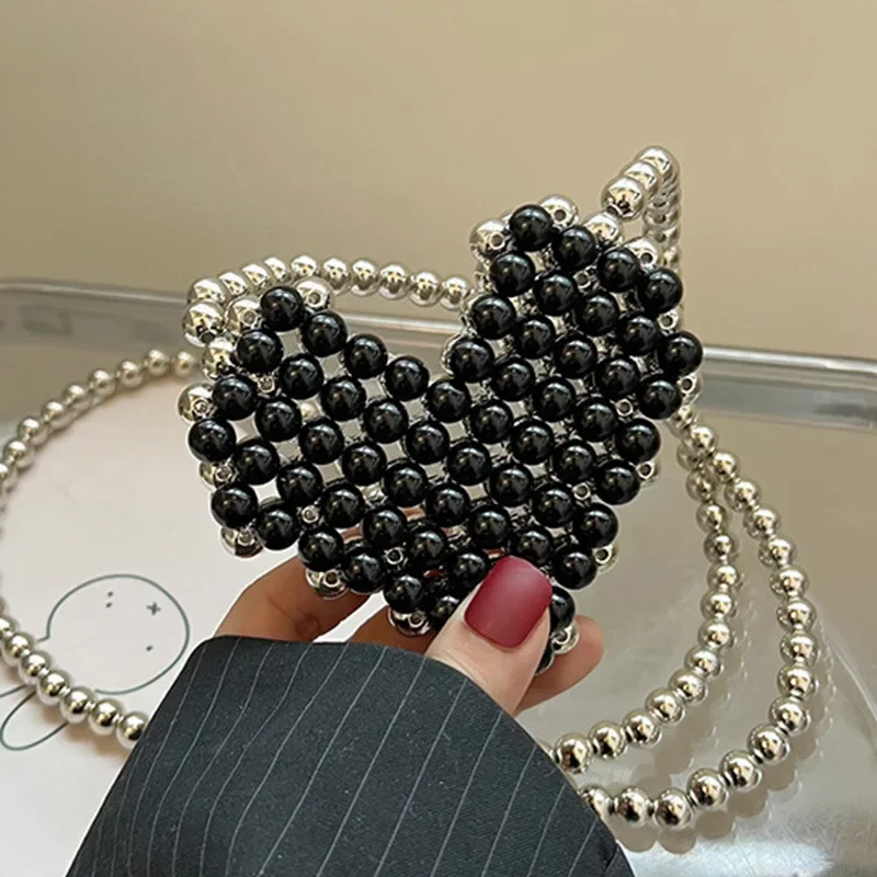 Handwoven Pearl Summer Silver Black Splice Beaded Chain Crossbody Bag for Woman New Fashion INS Love Design Mini Lipstick Wallet