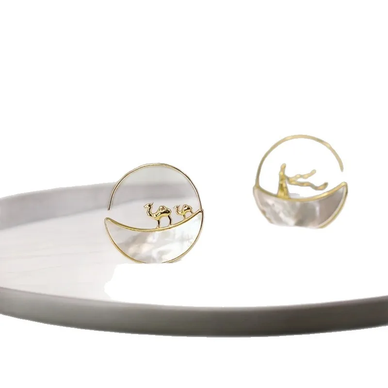 Classical Jewelry Silk Road Dunhuang White Shell Crescent Shaped Women's Asymmetric Personalized Fashion Retro Earrings