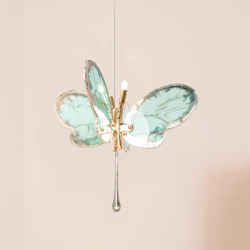 French Designer Gold Wrought Iron Pendant Lights Butterfly Glass Hanging Lamps Living Room Bedroom Restaurant Kitchen Chandelier