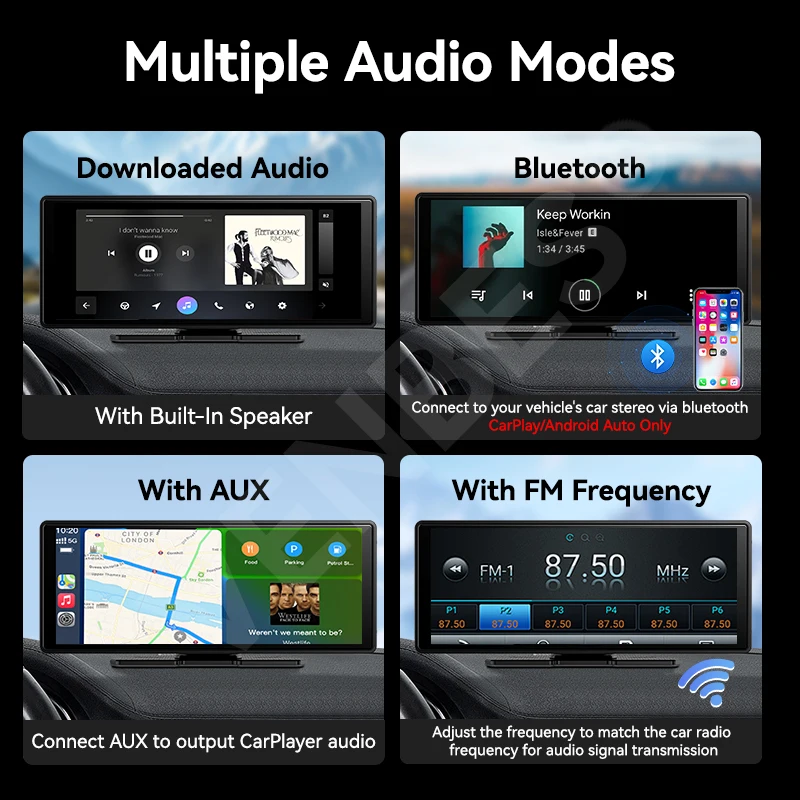 VENBES 10.26 นิ้วแบบพกพา 4K DVR รถวิทยุไร้สาย CarPlay Android Auto Mirrorlink Build-in รถมัลติมีเดีย Player หน้าจอสัมผัส
