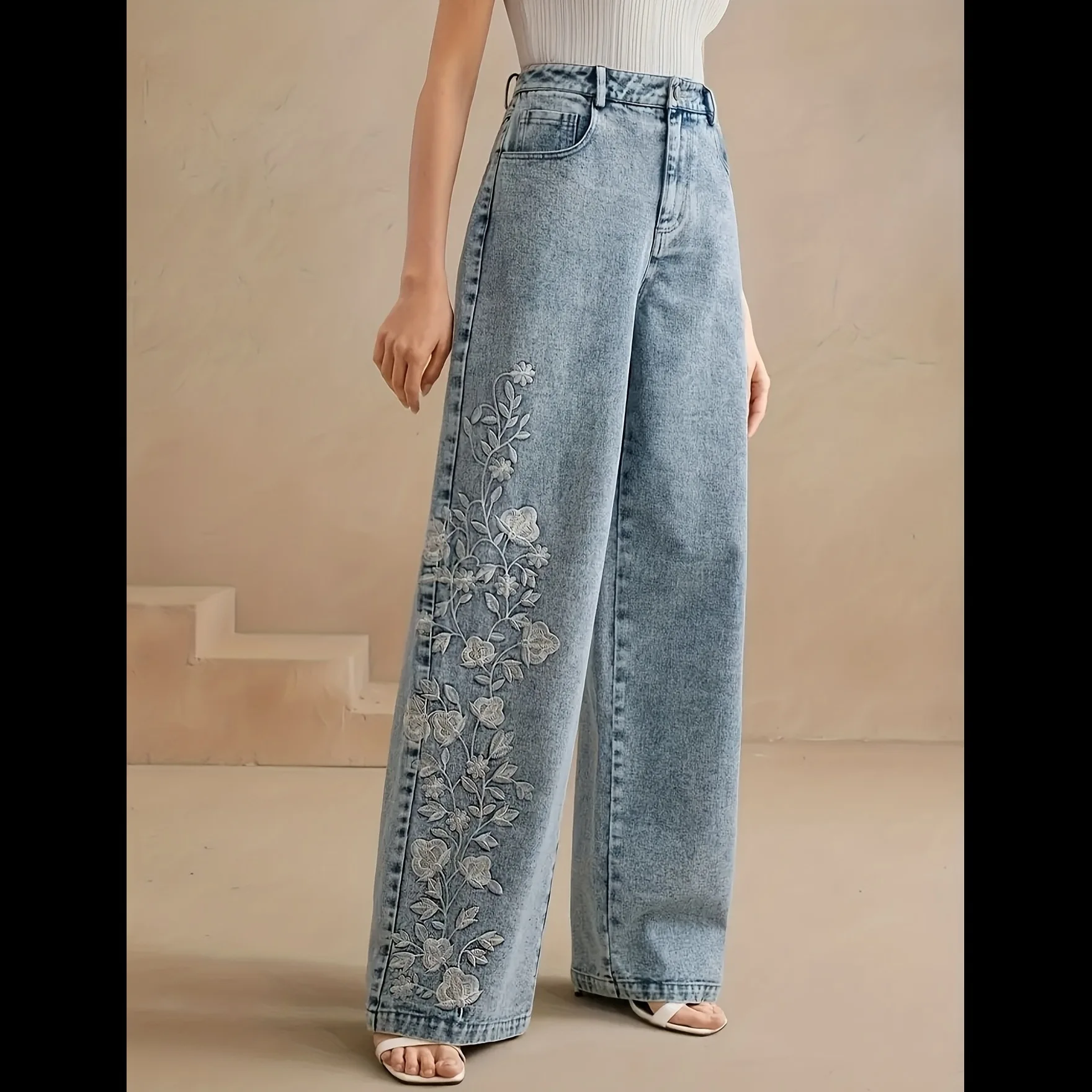 Women's Casual Embroidered Denim Pants Elastic Wide Leg Jeans Simple Match Cotton Stretch Fabric Summer Season Ladies' Jeans