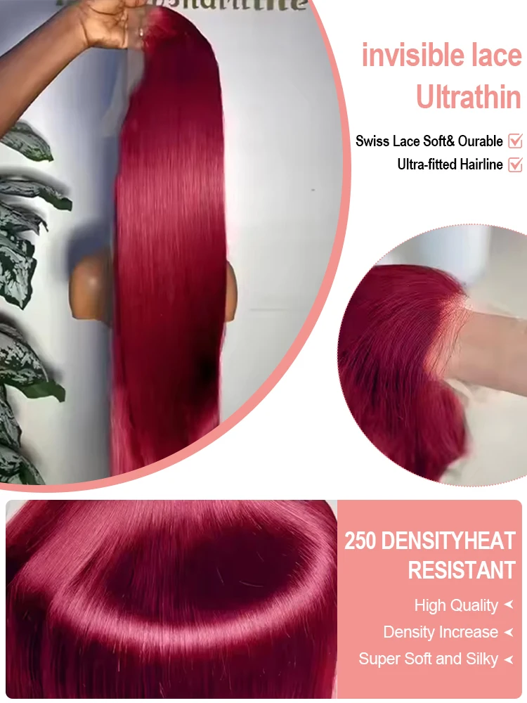 بورجوندي مستقيم 13x6 HD الدانتيل أمامي باروكة من شعر طبيعي 99J الأحمر غلويليس الباروكات شعر الإنسان شفافة 250% الملونة الدانتيل الجبهة الباروكات #5