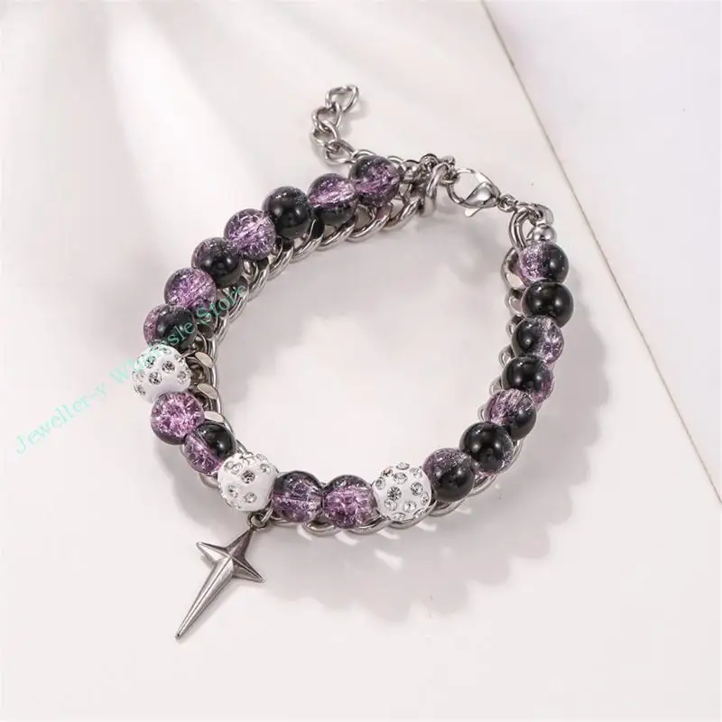 R7UF Double Layer Beads Chain Bracelet Simple Star Charm Bracelet Fashion Jewelry Wristband Elegant Bangle for Couples