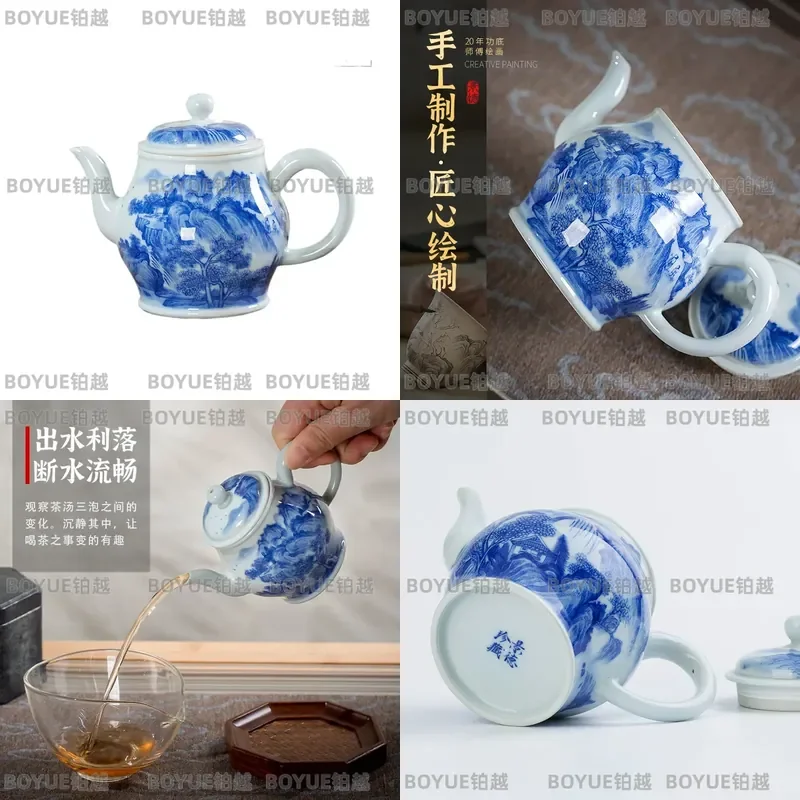Jingdezhen Handmade Blue and White Porcelain Teapot Antique Landscape Ceramic Kung Fu Tea Set with Filter Ball Hole Small