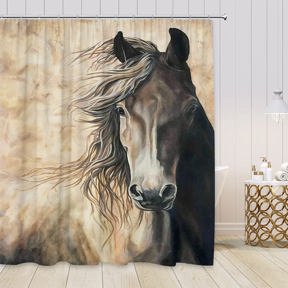 Western Horse Shower Curtains Running Horses Farm Animal Country Unique Oil Painting Abstract Art Fabric Bathroom Deco Set Hooks