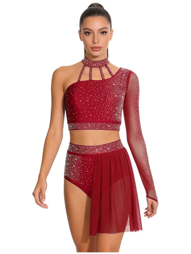 Imagen 2 del producto Traje de Baile Latino Asimétrico para Mujer, Top Corto con Espalda Descubierta y Tirantes, y Pantalones Cortos con Dobladillo de Malla y Pedrería