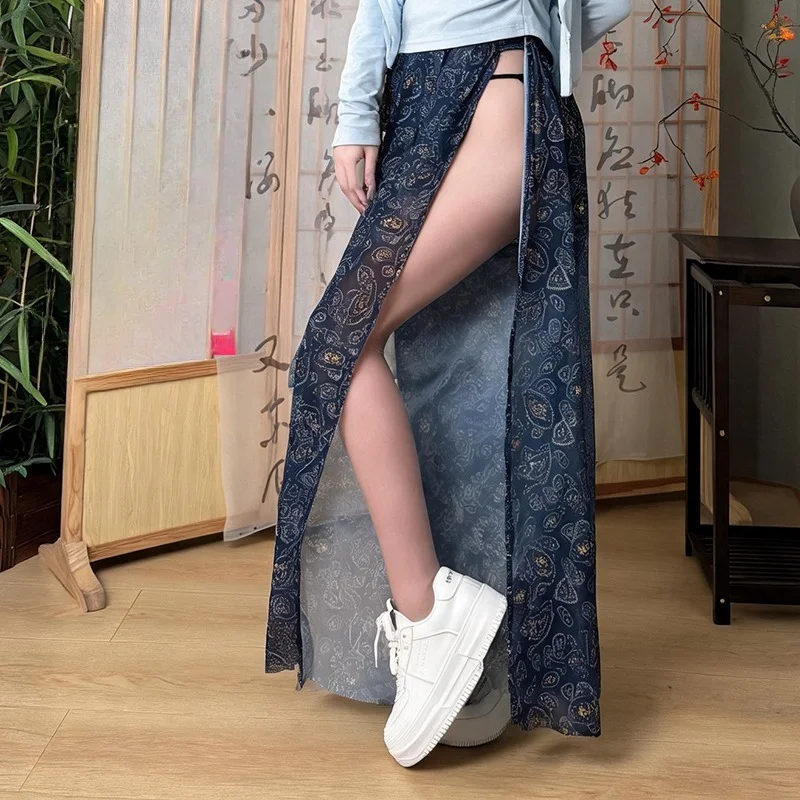 Women Magnetic Button See Through Sexy Leggings Outdoor Exhibitionism Couple Play Easy Trousers Breathable Side Slit Slim Skirts