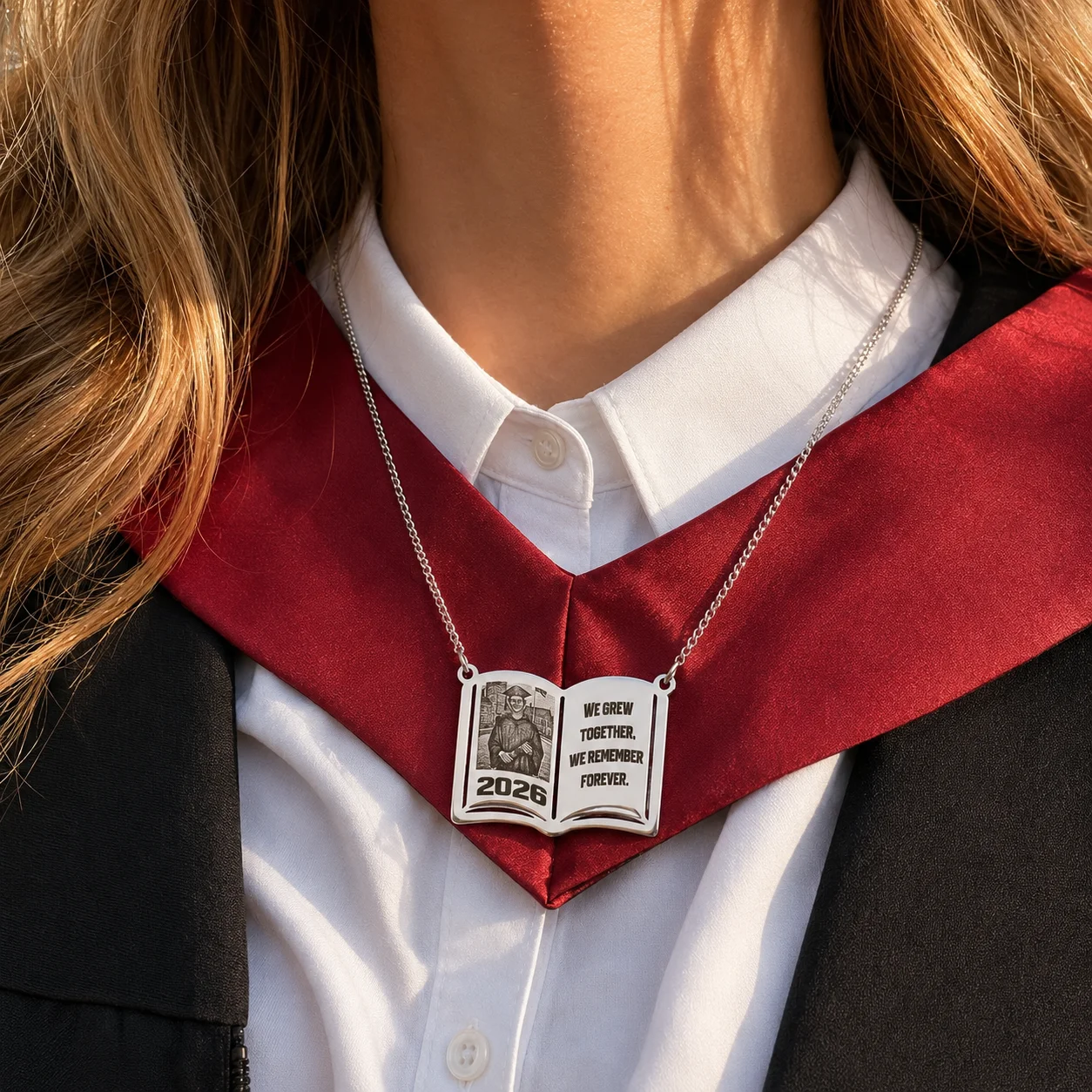 Stainless Steel Book-Shaped Pendant Necklace Customizable Graduation Gift with Personalized Pictures Names times Sui